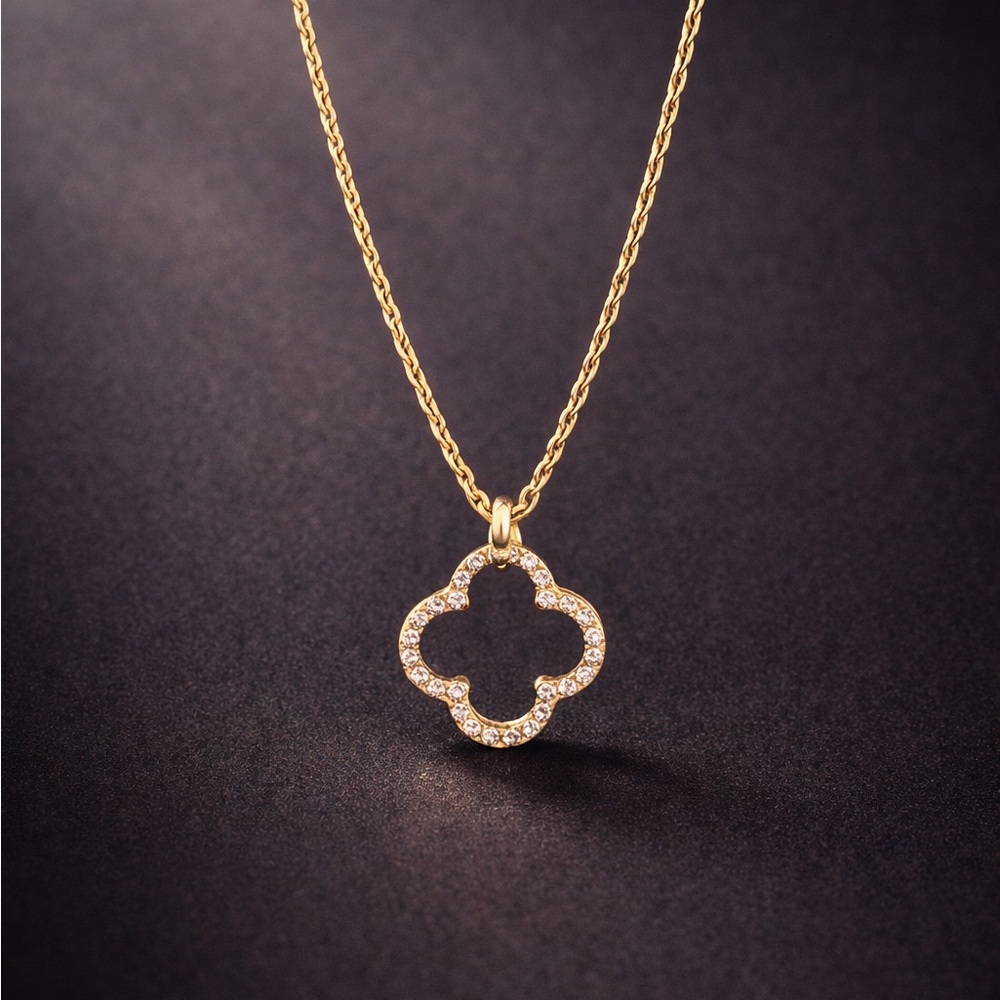 Gold Clover Pendant Necklace with Crystals